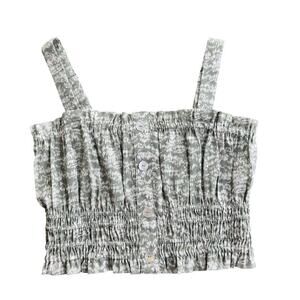 ENTRO Cropped Button Front Smocked Sleeveless Top Sage Green Floral Women's Sz M